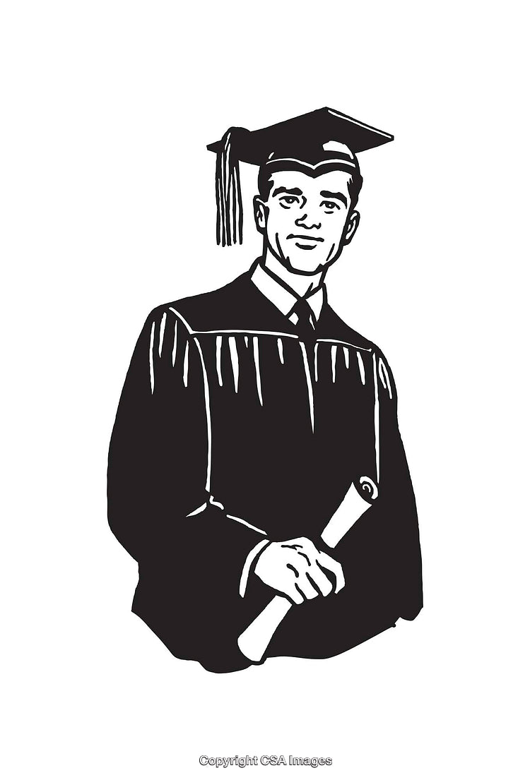 Black and White Illustration of Graduate Holding a Diploma