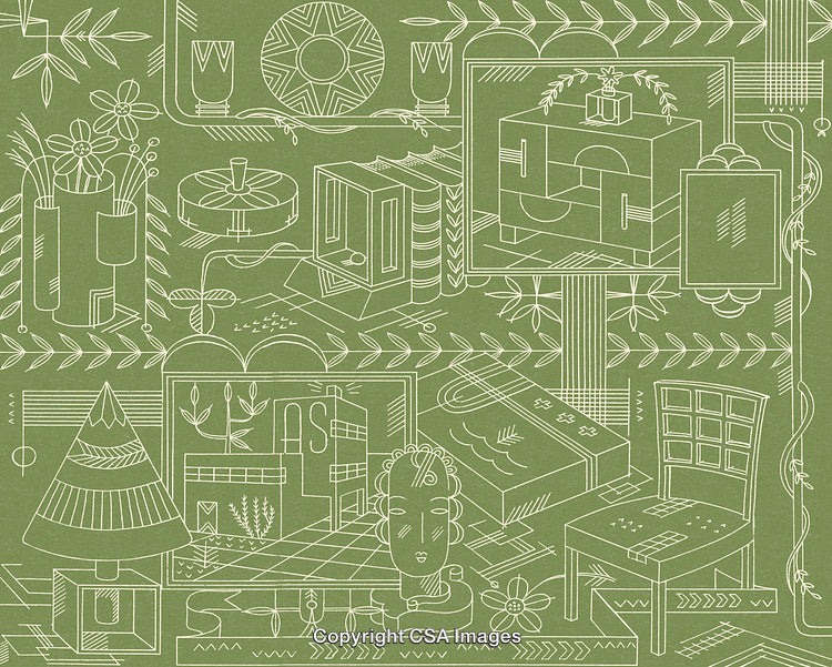 Minimalist Line Art Depicting Furniture and Nature in Geometric Patterns
