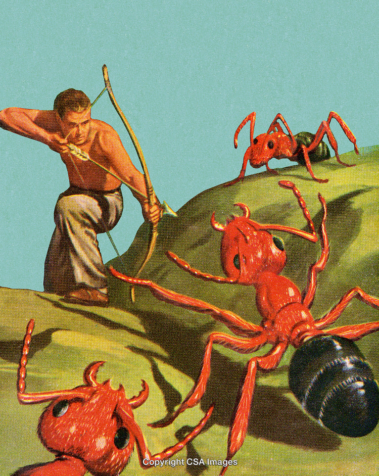 Man with Bow and Giant Ants in Retro Sci-Fi Artwork