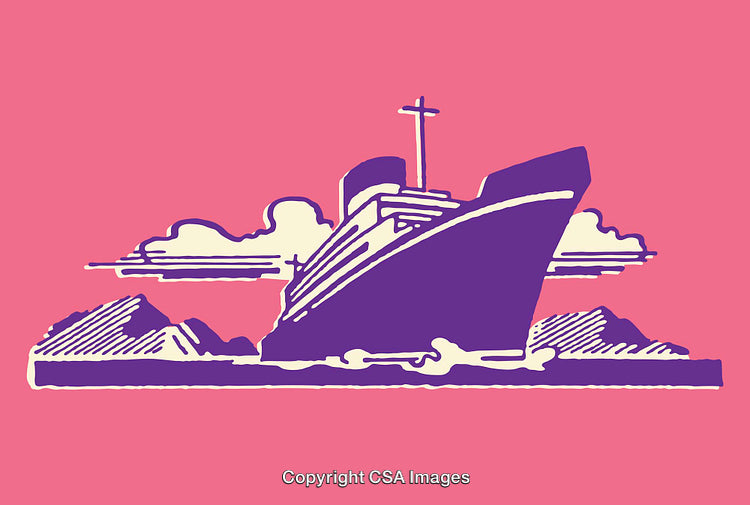 Stylish Pop Art Illustration of Ocean Vessel on Pink Background with Mountains