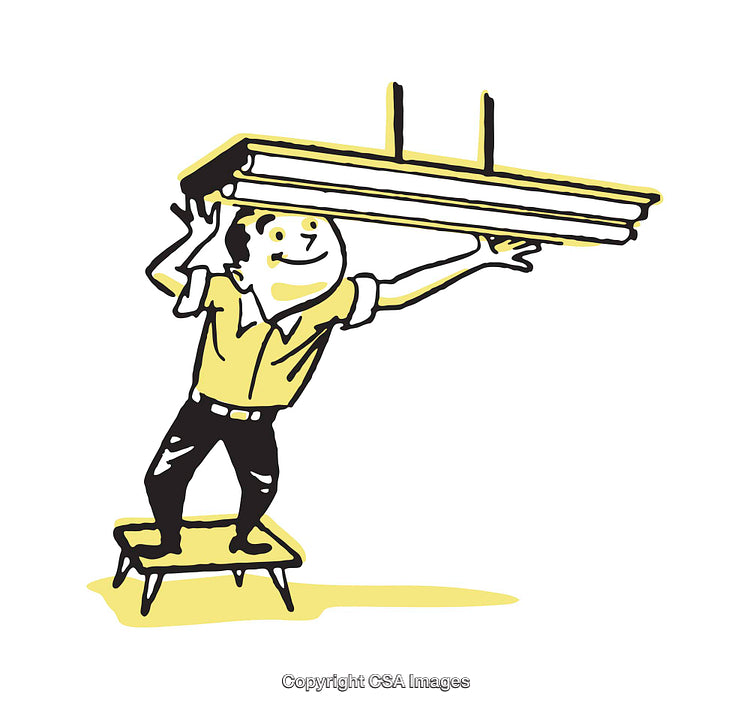 Illustration of Person Replacing a Light Fixture on a Stool