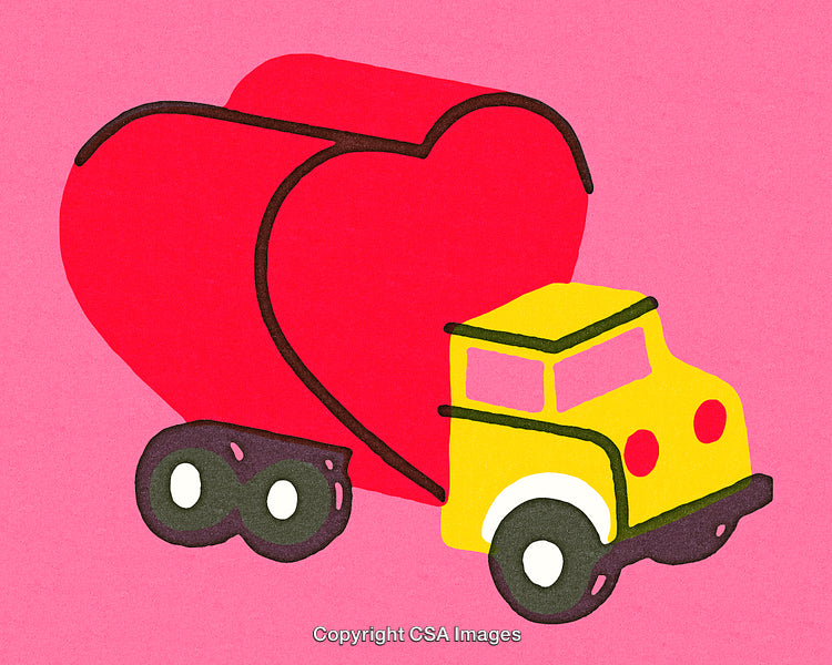 Yellow Truck With Red Heart Cargo on Pink Background