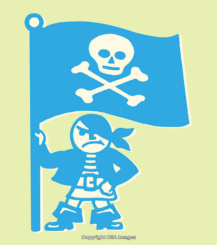Colorful Pirate Illustration Featuring A Skull Flag and Bold Cartoon Character