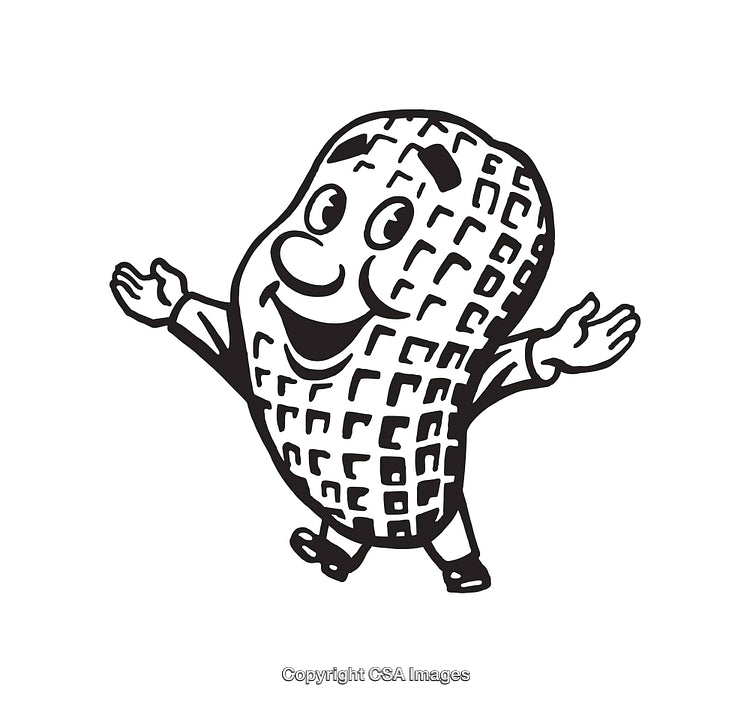 Happy Peanut Character in Black and White Cartoon Style