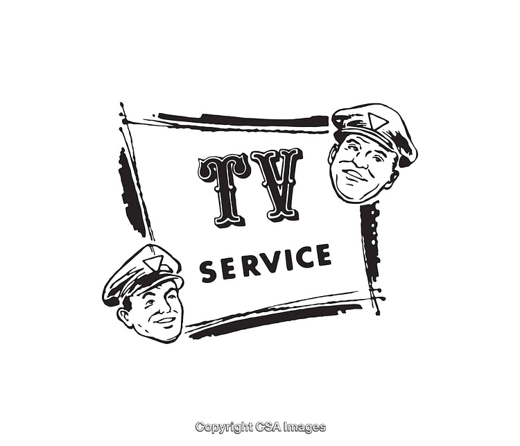 Vintage Black and White TV Service Illustration With Friendly Faces
