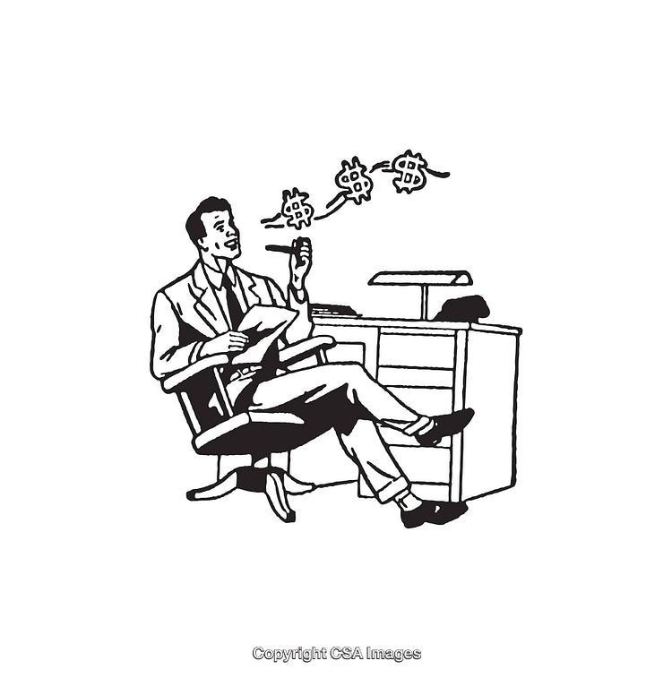 Black and White Illustration of Businessman Relaxing in Office With Dollar Signs