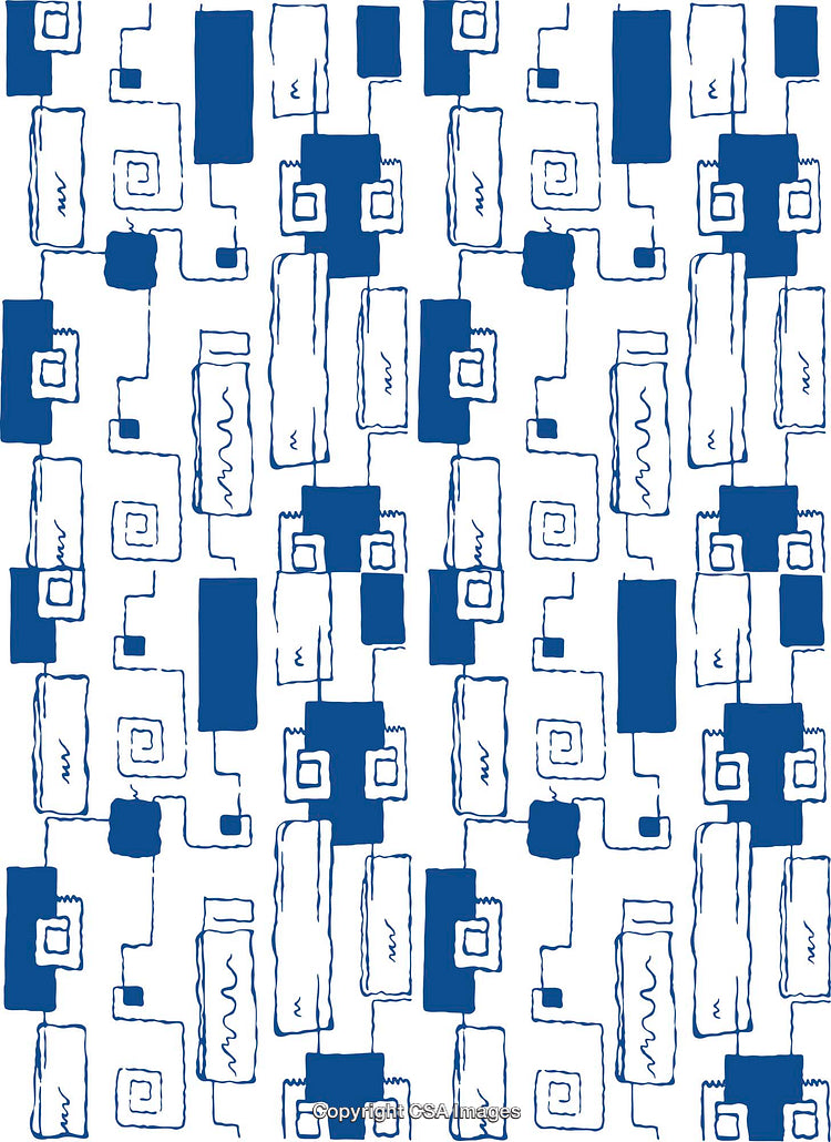 Abstract Blue Rectangular and Spiral Pattern on a White Background