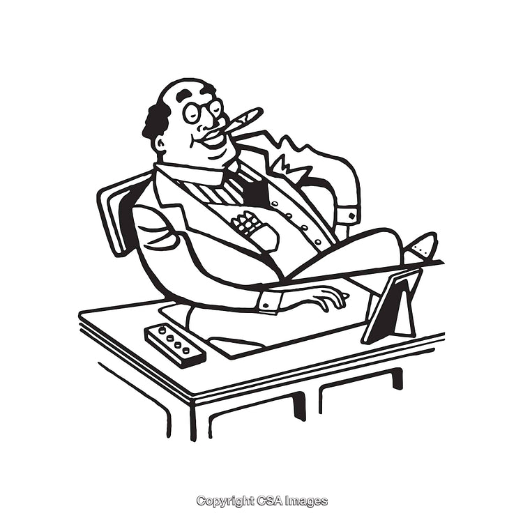 Humorous Cartoon Boss Relaxing at Desk with a Cigar