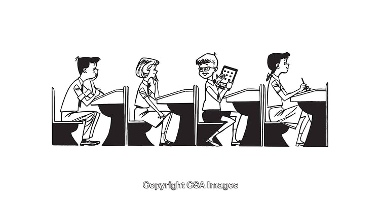 Black and White Illustration of Students Sitting in Classroom Desks