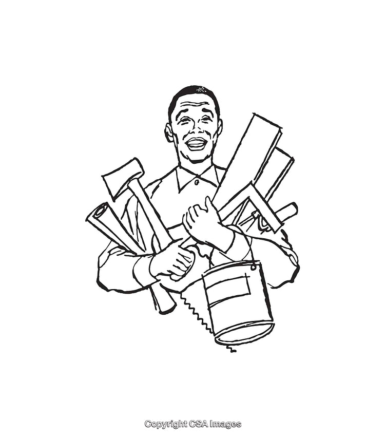 Smiling Man Holding Tools and Supplies in Black and White Illustration
