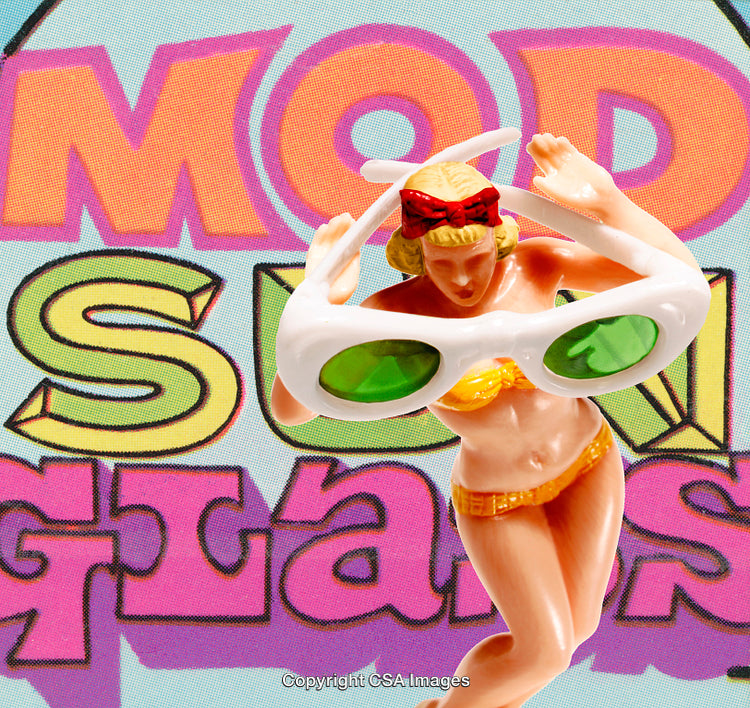 Colorful Adventure with Retro Toy Figure and Oversized Sunglasses