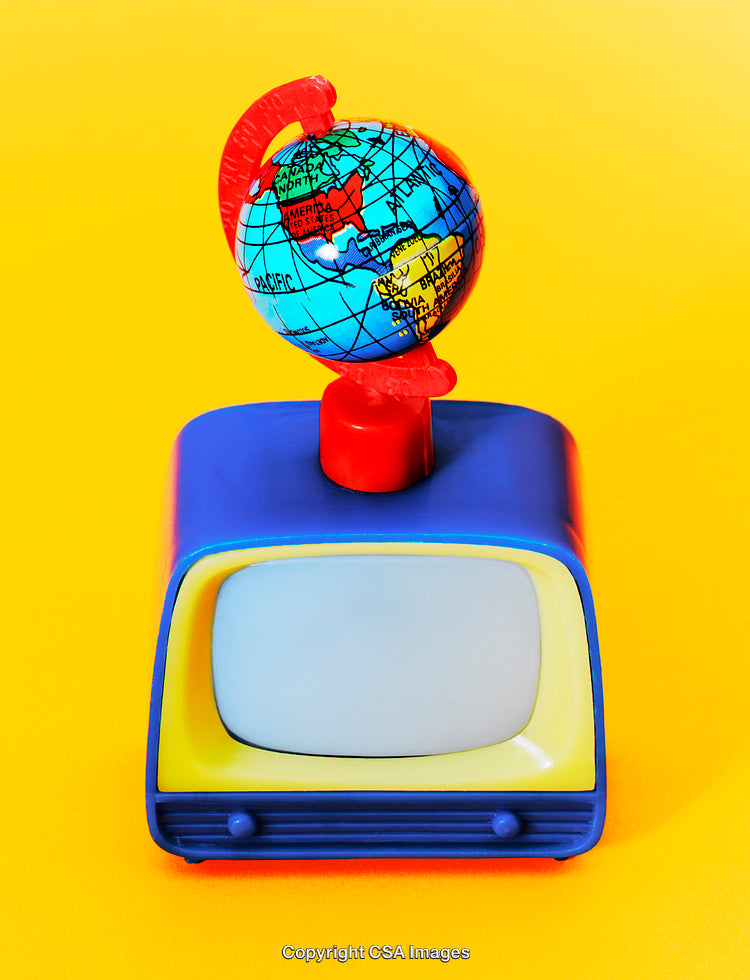 Colorful Plastic Toy TV with Globe on Bright Yellow Background