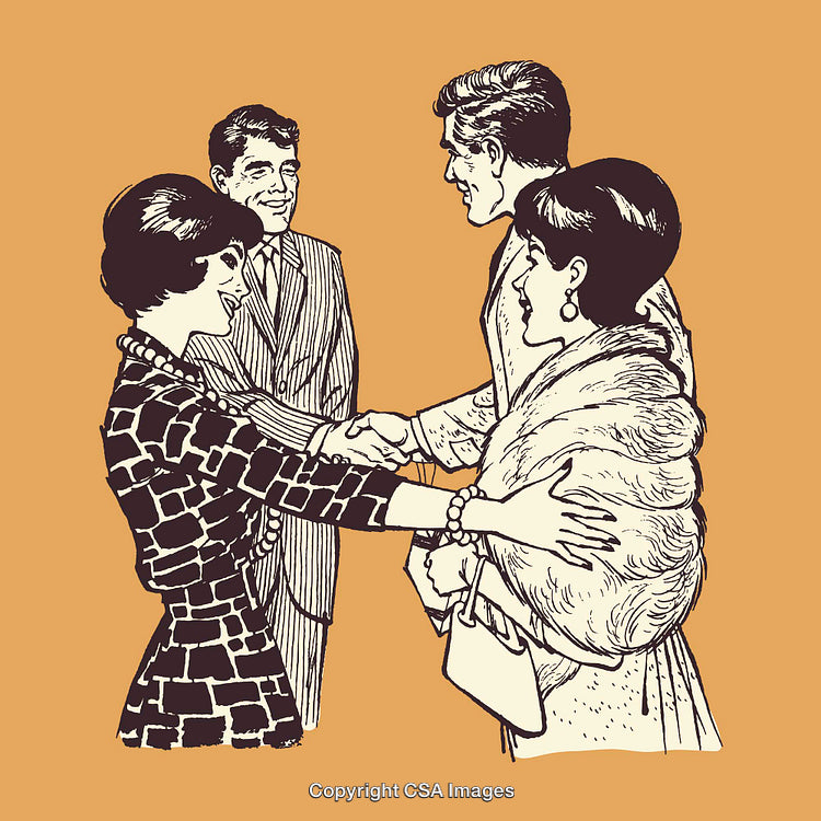 Retro Illustration of Formal Greetings Between Two Couples