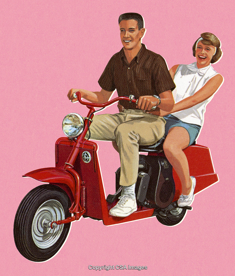 Retro Illustration of Happy Couple Riding a Red Scooter on Pink Background