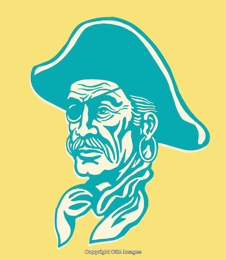 Colorful Line Art Illustration of a Pirate Portrait on Yellow Background