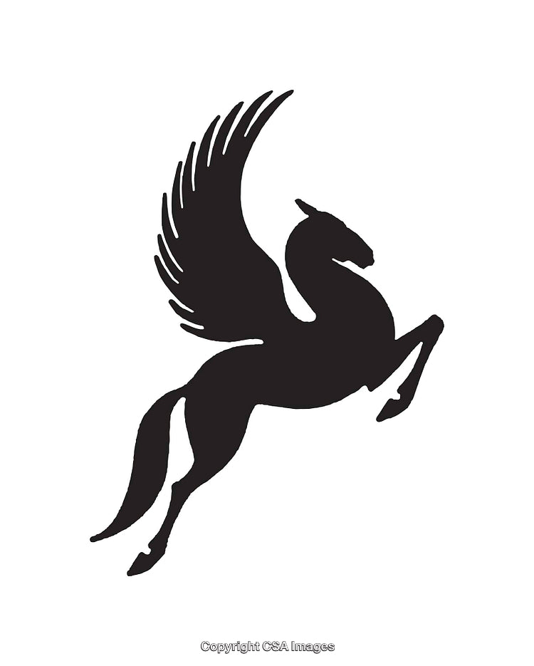 Black Silhouette of Pegasus Flying with Graceful Wings on White Background