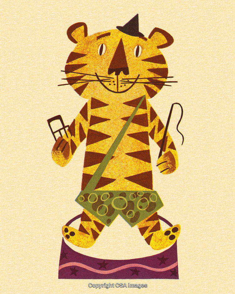 Illustration of a Cute Cartoon Tiger Standing on a Circus Platform