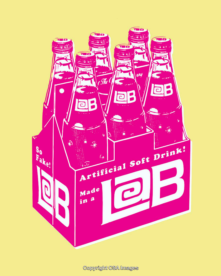 Colorful Illustration of Soda Bottles in a Lab-Themed Packaging Design