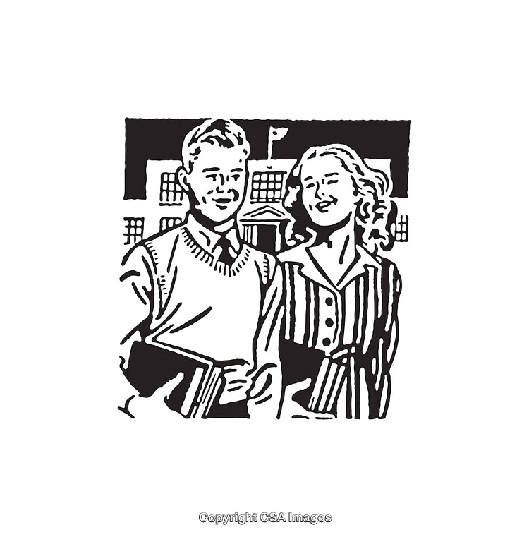 Black and White Line Art of Two Students by a School Building