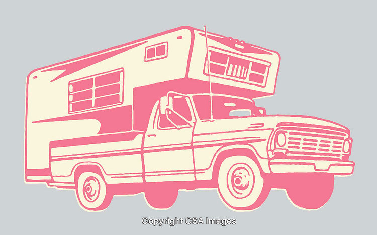 Pink and Cream Vintage Camper Truck Illustration on Gray Background