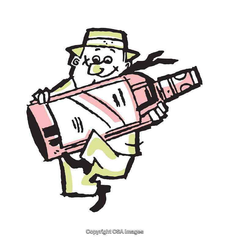 Quirky Color Illustration Featuring a Cheerful Man Carrying a Large Pink Bottle