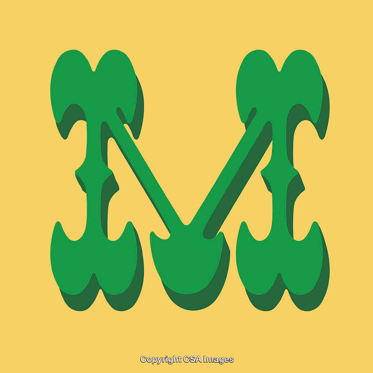 Stylized Green Letter M With Ornate Edges on Yellow Background