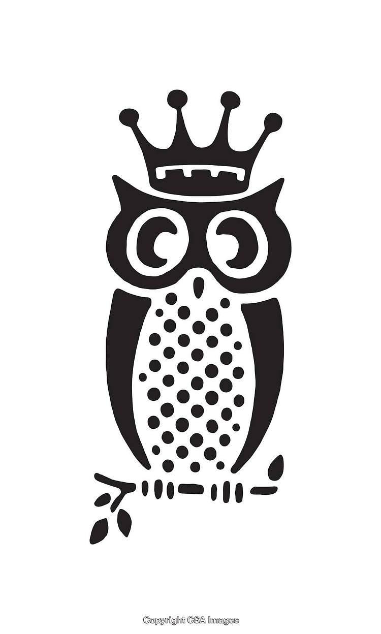 Black And White Line Art of Owl With Crown on Branch