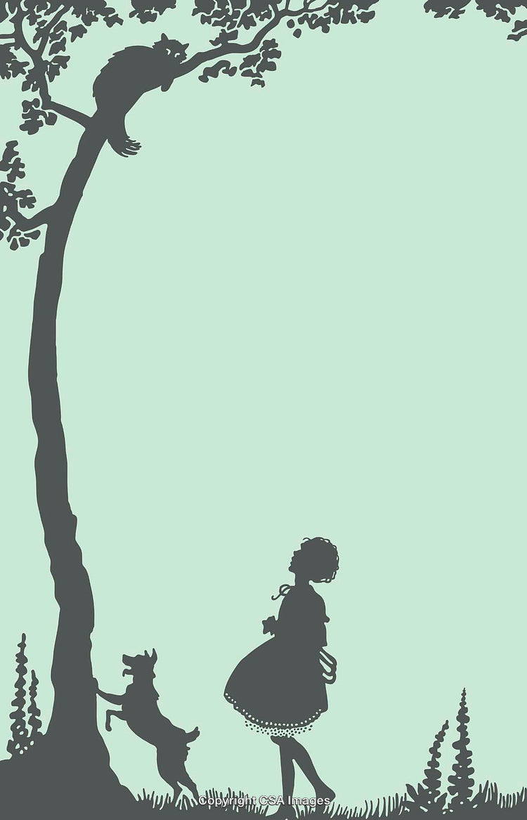 Silhouette of Girl, Dog, and Cat in Whimsical Woodland Scene