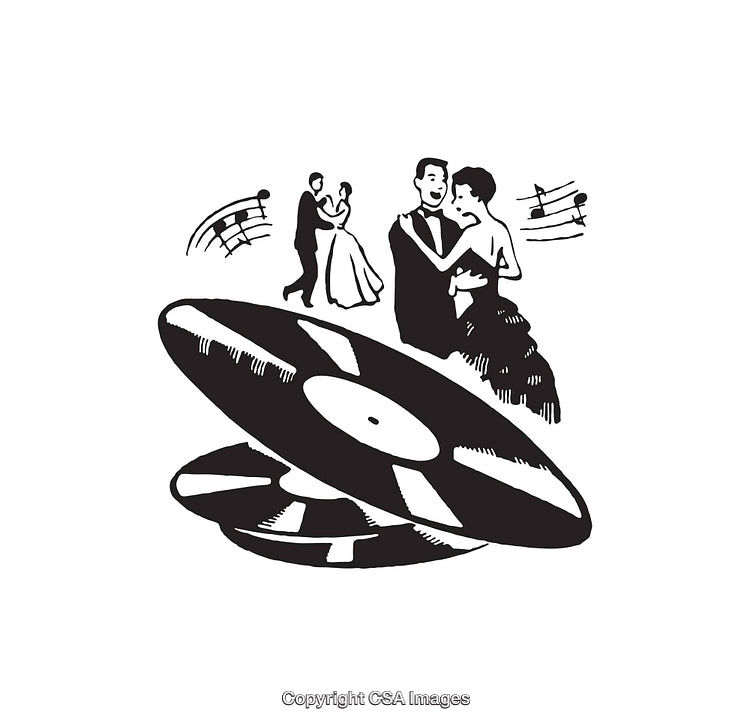 Black and White Illustration of Dancing Couples with Vinyl Records