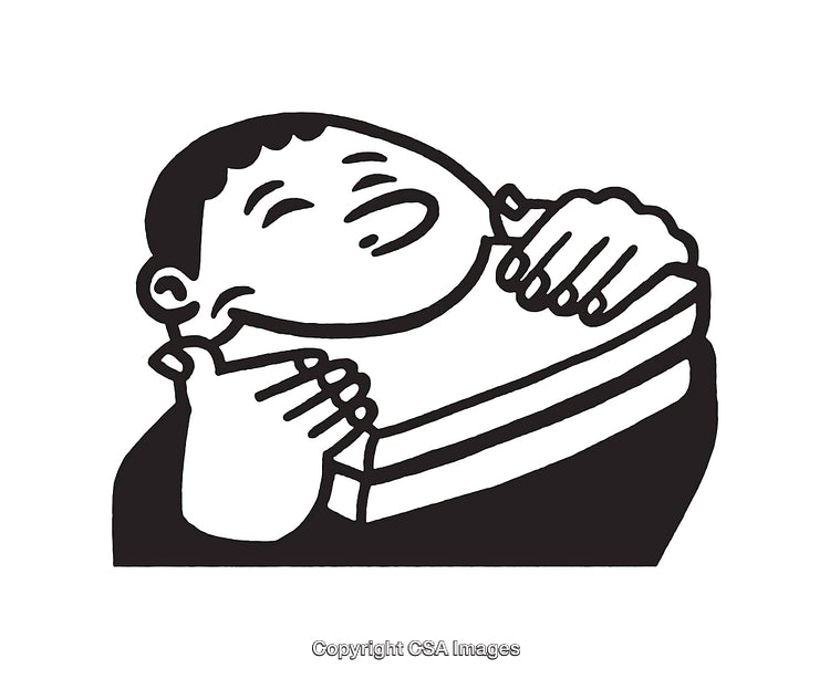 Black and White Line Art of a Person Hugging a Bread with Joy