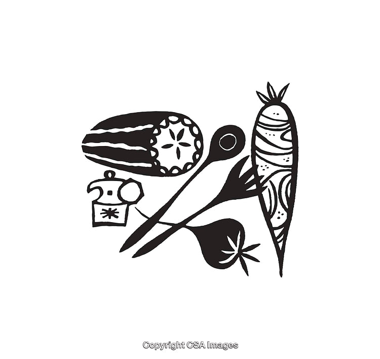 Black and White Line Art of Kitchen Utensils and Vegetables
