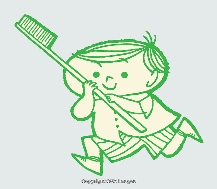 Playful Green Illustration of Child Holding a Giant Toothbrush