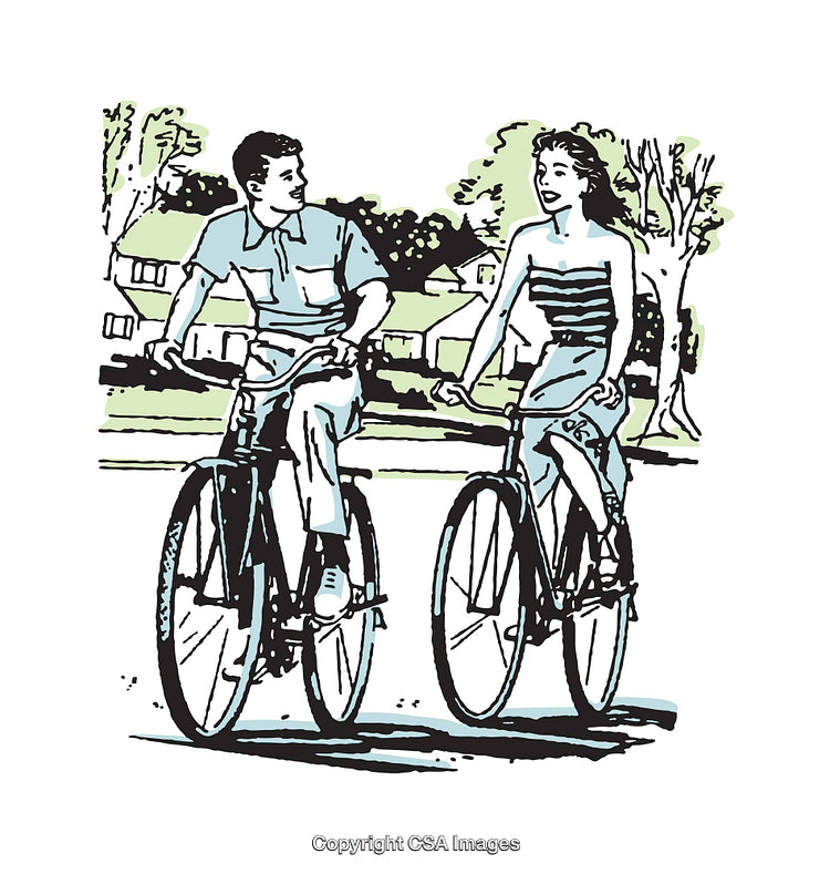 Retro Style Illustration of a Couple Enjoying a Bicycle Ride Outdoors