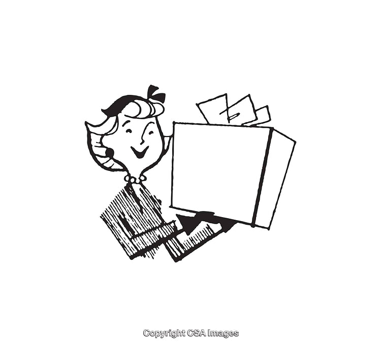 Retro Style Black and White Illustration of Woman Holding a Box