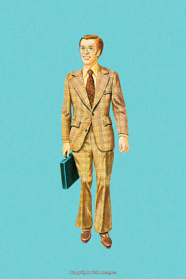 Retro Style Businessman Smiling in a Plaid Suit Holding a Briefcase