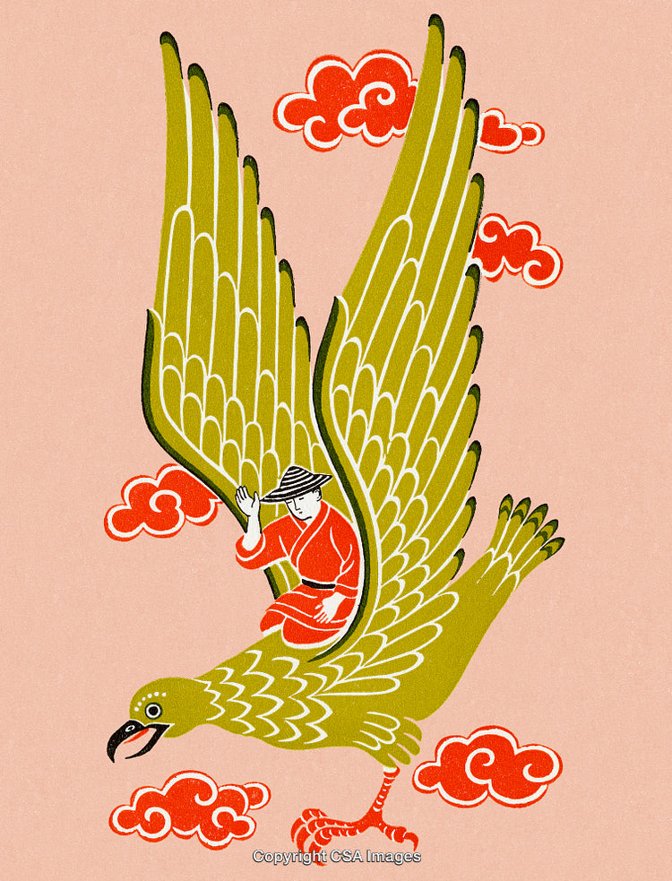 Asian Folk-Inspired Artwork of Person on a Bird with Vibrant Colors