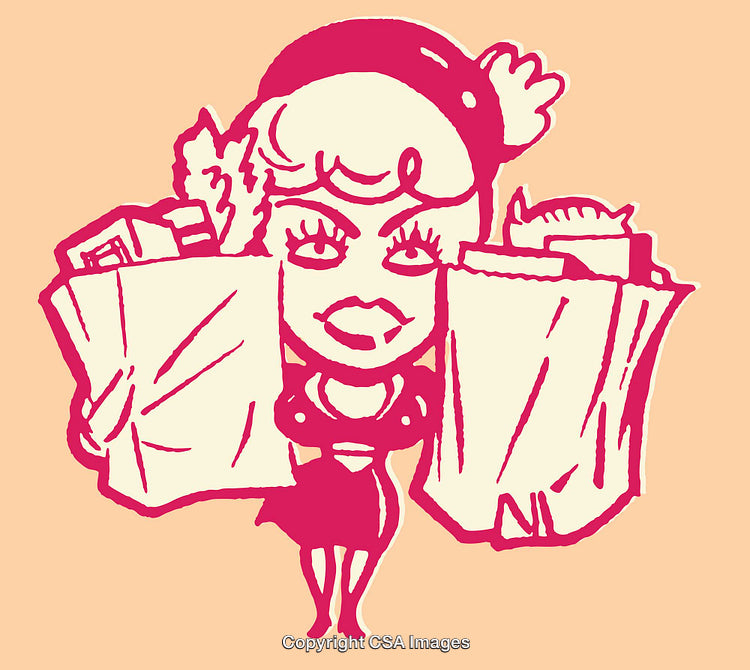 Whimsical Illustration of Woman Carrying Shopping Bags in Line Art Style