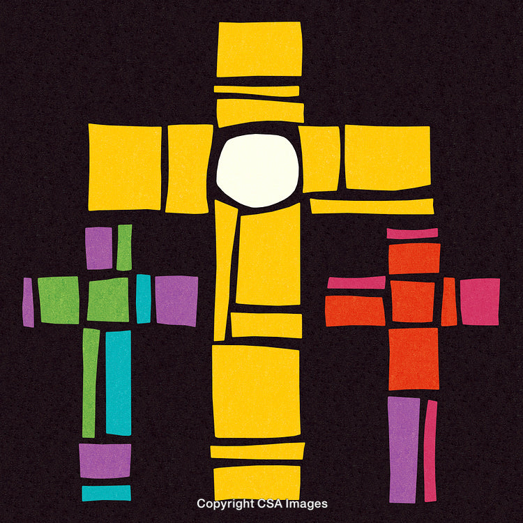 Colorful Geometric Crosses on a Black Background Representing Spiritual Concepts