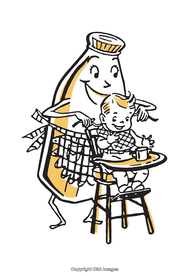 Playful Cartoon of Bottle Feeding a Happy Baby in Vintage Style