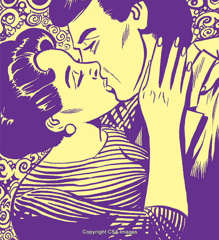 Romantic Vintage Pop Art Style Couple Sharing an Intimate Kiss Illustration