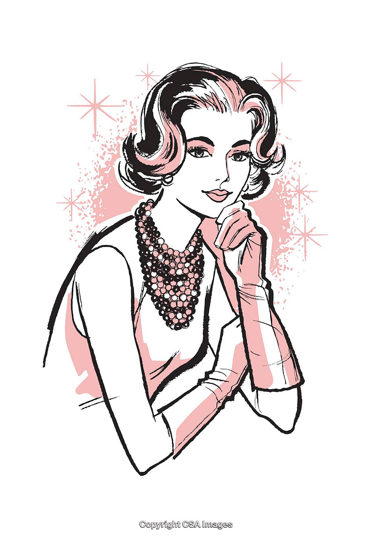 Vintage-Style Illustration of Elegant Woman in Pink and Black Shades