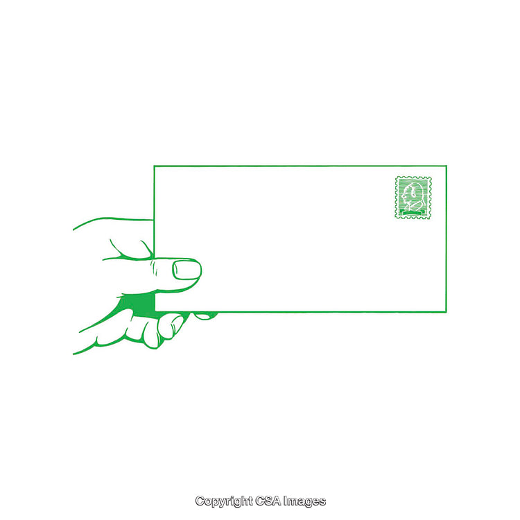 Illustration of a Hand Holding a Letter with a Postage Stamp