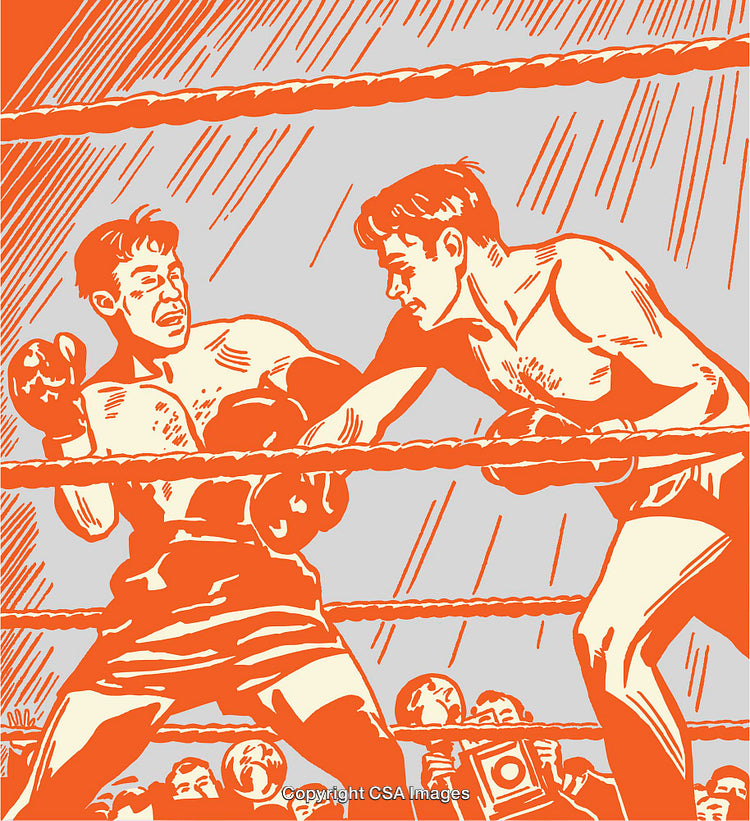 Vintage Boxing Illustration Depicting an Intense Ring Battle Between Two Fighters