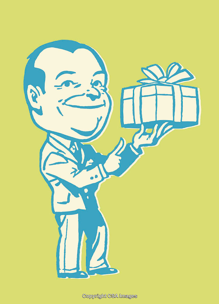 Playful Illustration of a Man Holding and Presenting a Gift Box