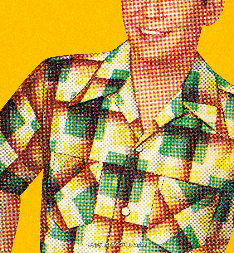 Retro Style Plaid Shirt in Yellow and Green Tones on Yellow Background