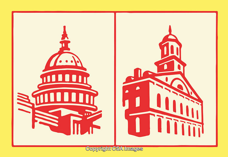 Red and Yellow Line Art Illustrations of Historic Landmark Buildings