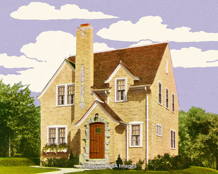 Charming Vintage Cottage with Red Door and Stone Chimney Under a Blue Sky
