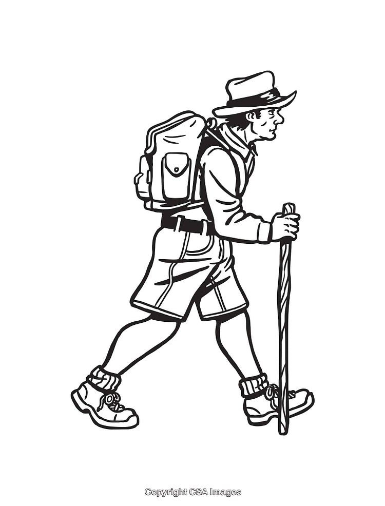 Black and White Line Art of a Hiker Carrying a Backpack and Walking Stick