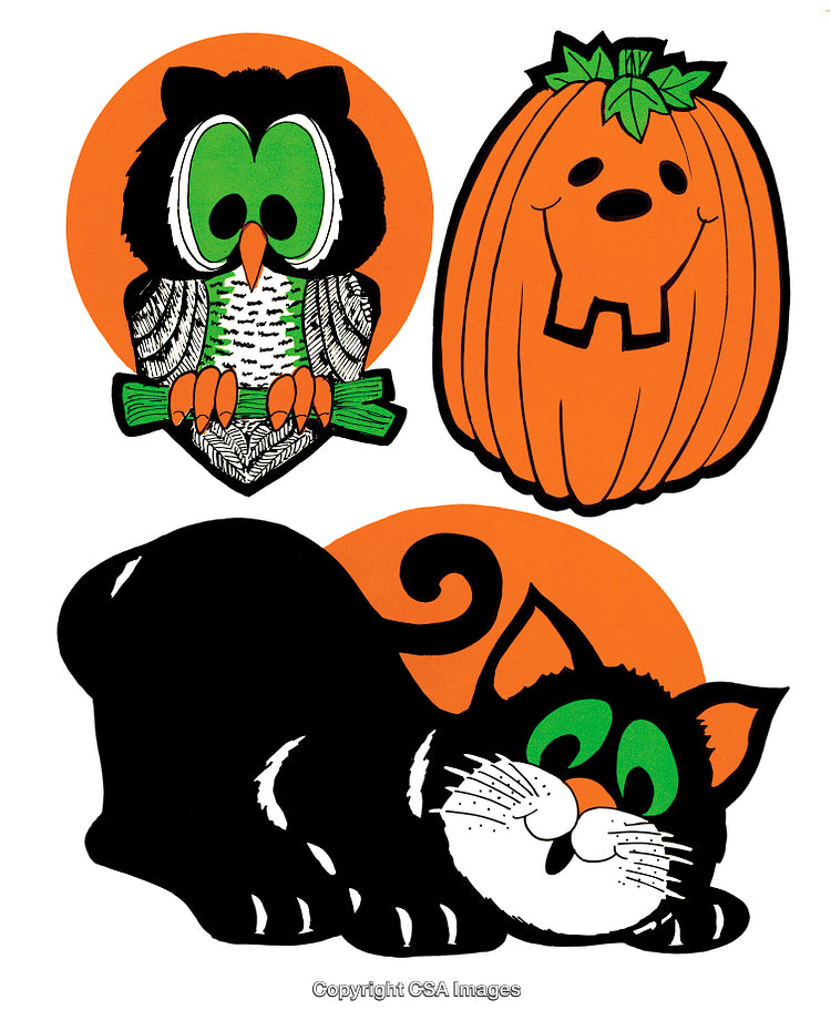 Brightly Colored Halloween Icons Featuring Owl, Pumpkin, and Black Cat