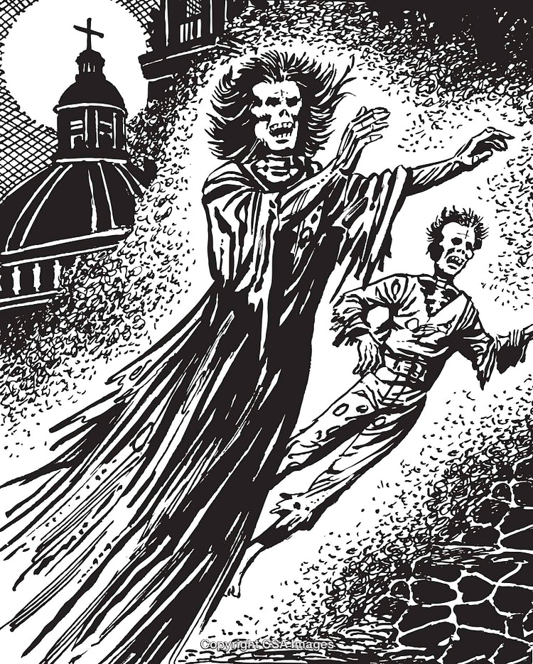 Dramatic Illustration of Supernatural Figures in Gothic and Eerie Atmosphere